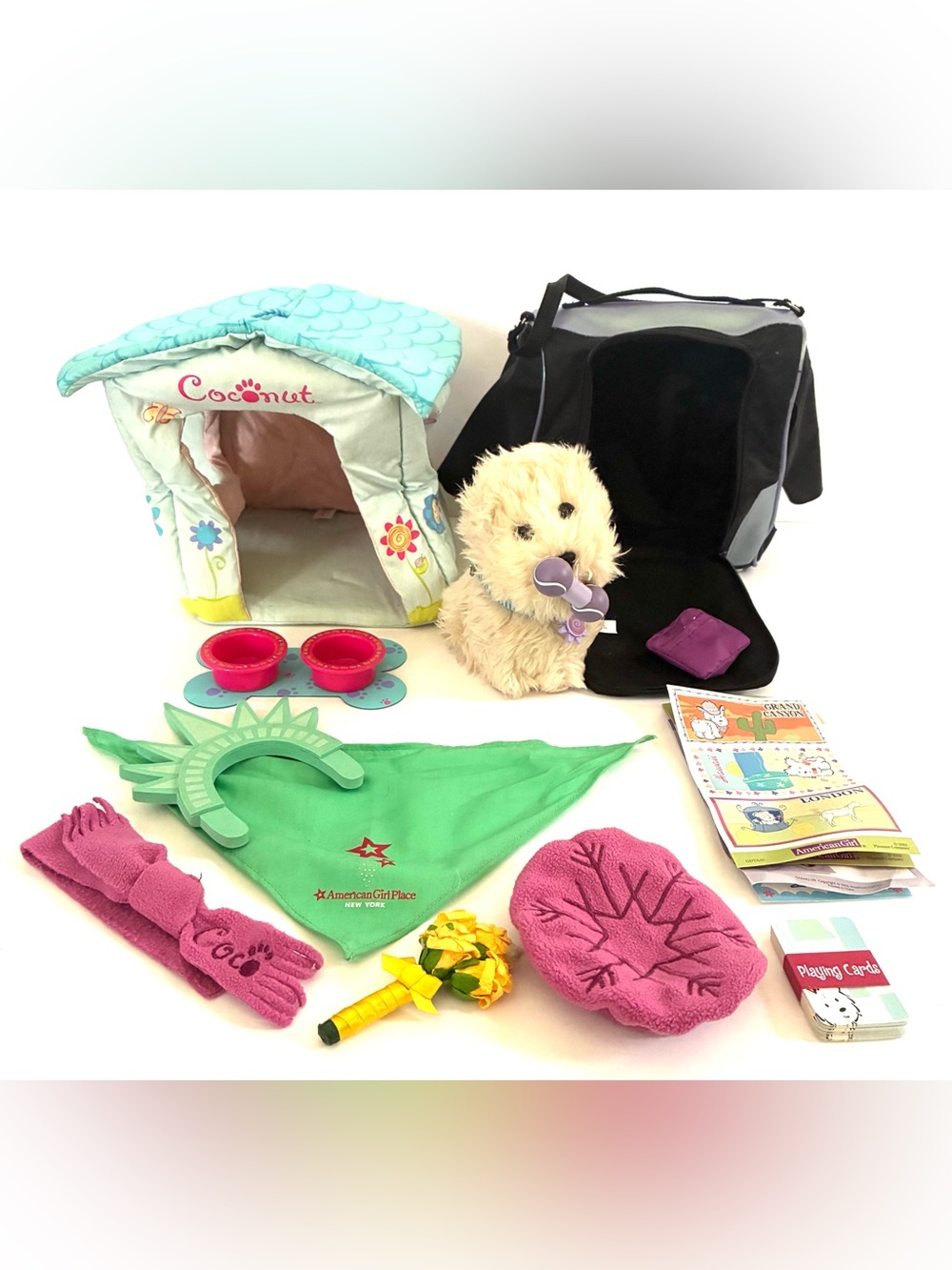 American Girl Coconut Dog House Travel Carrier accessories outfits Lot Bundle